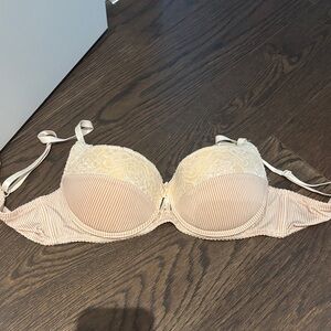 Vintage Cream Pink Striped Lace Underwire Push-up Bra